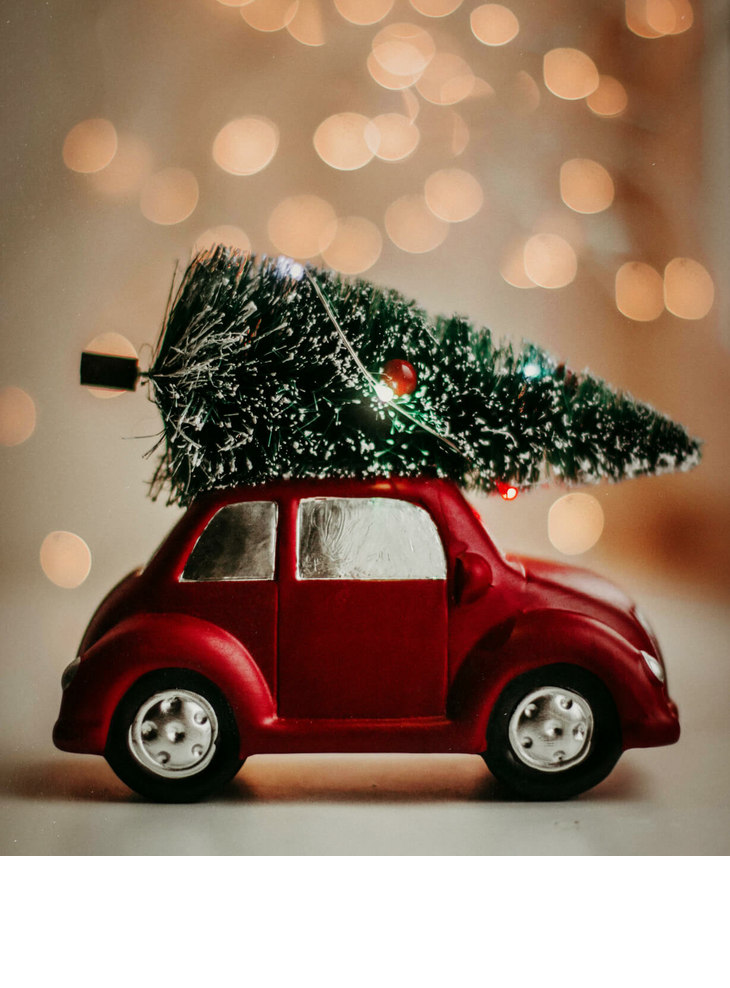 Red VW Beetle with a toy-sized Christmas tree on the roof | Winter Events at the LOUIS Hotel Munich